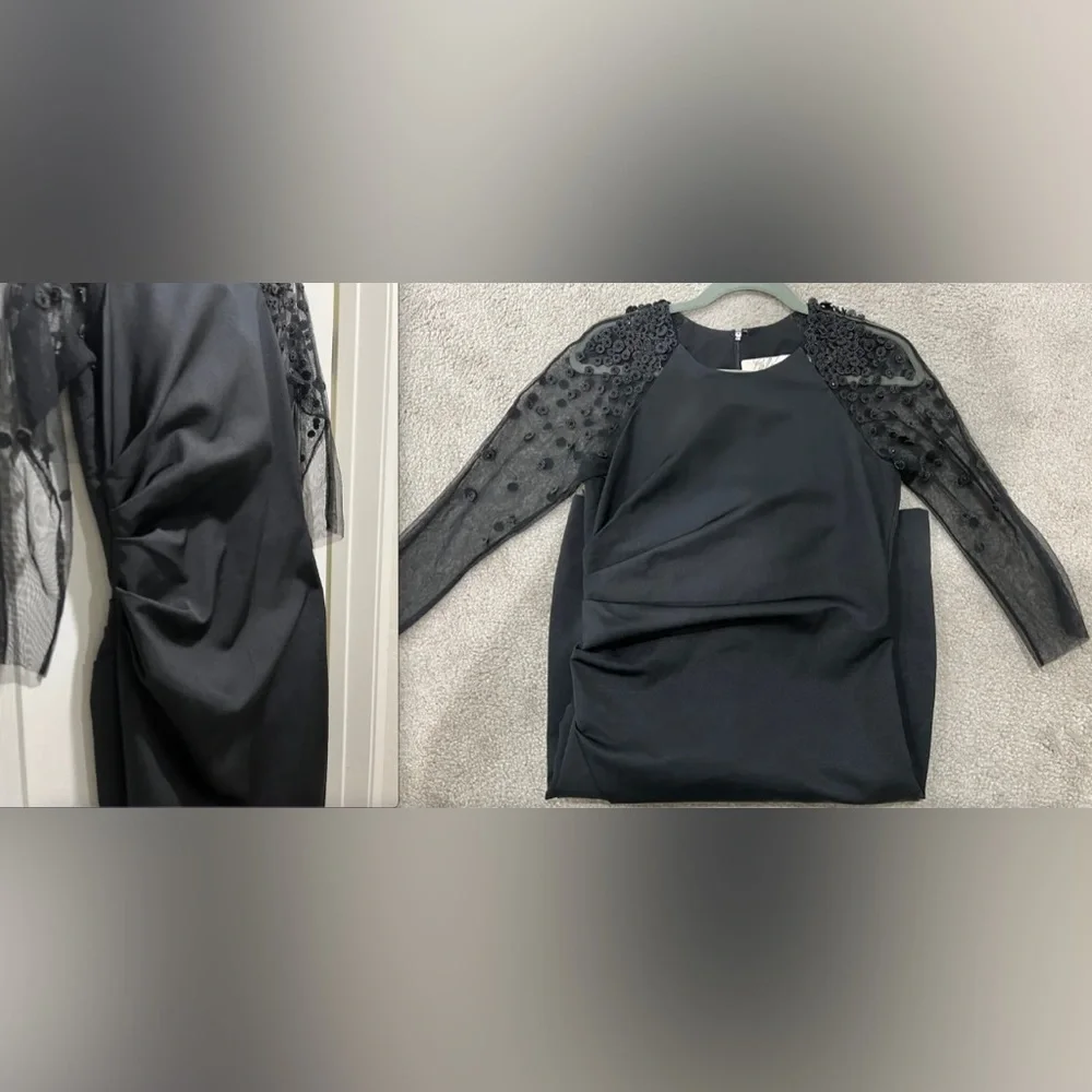 HOT Lela Rose Embellished Beaded Mesh Sleeve Ruched Sheath Black Dress $1695+! - Picture 8 of 12